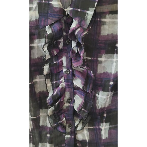 Sele Plaid Semi-Sheer Top Women Purple Black and White Shirt Ruffles Size L - Picture 3 of 5